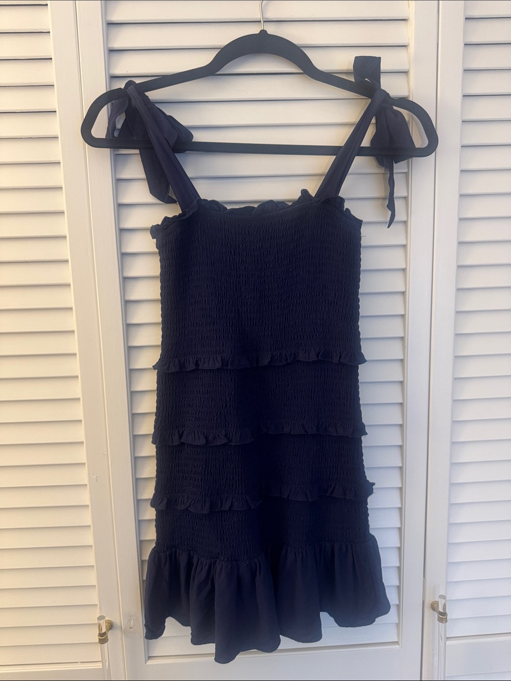 Katie J NYC Evan Navy Smocked Dress with Ruffles & Adjustable Tie Straps - Small